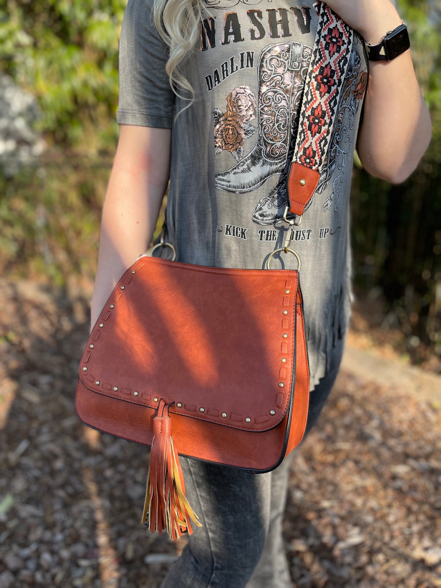 The Brinley Studded Crossbody Bag - Rust