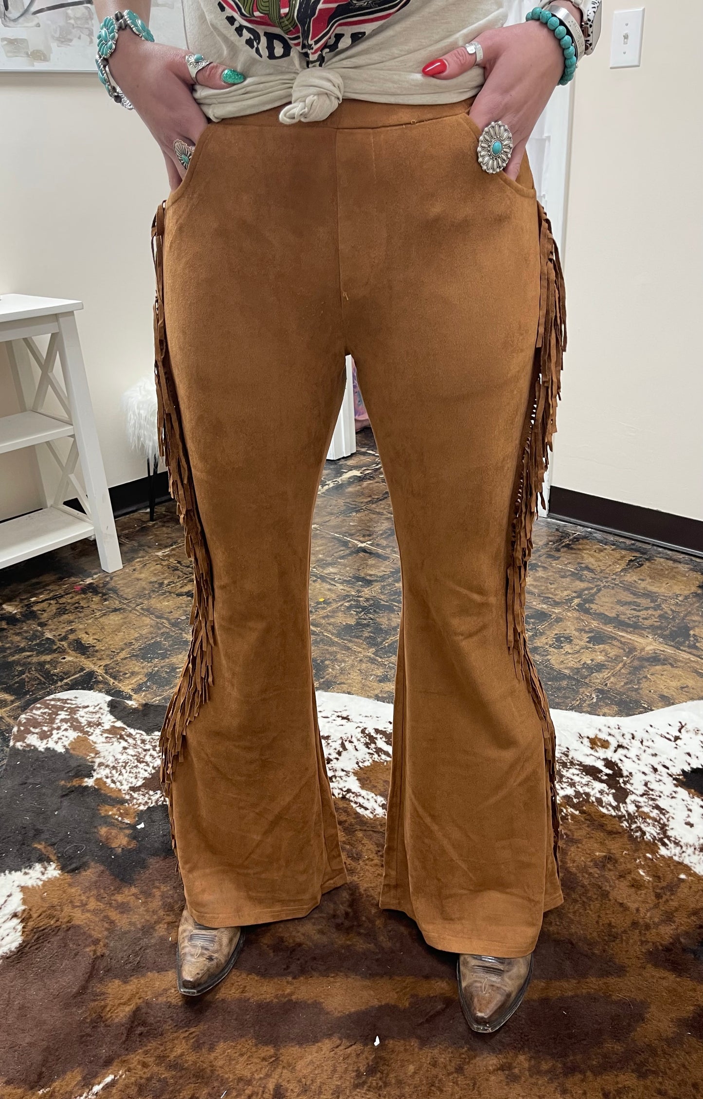 FINAL SALE - The Josie Fringe Bellbottom Suede Pants - Camel