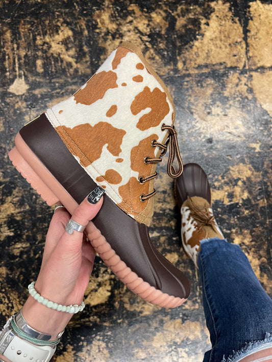 FINAL SALE - Simply Southern - Lace Up Duck Boots - Cow Print