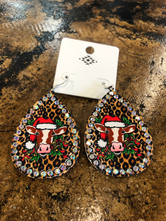 Christmas Cow Rhinestone Metal Teardrop Earrings - Leopard