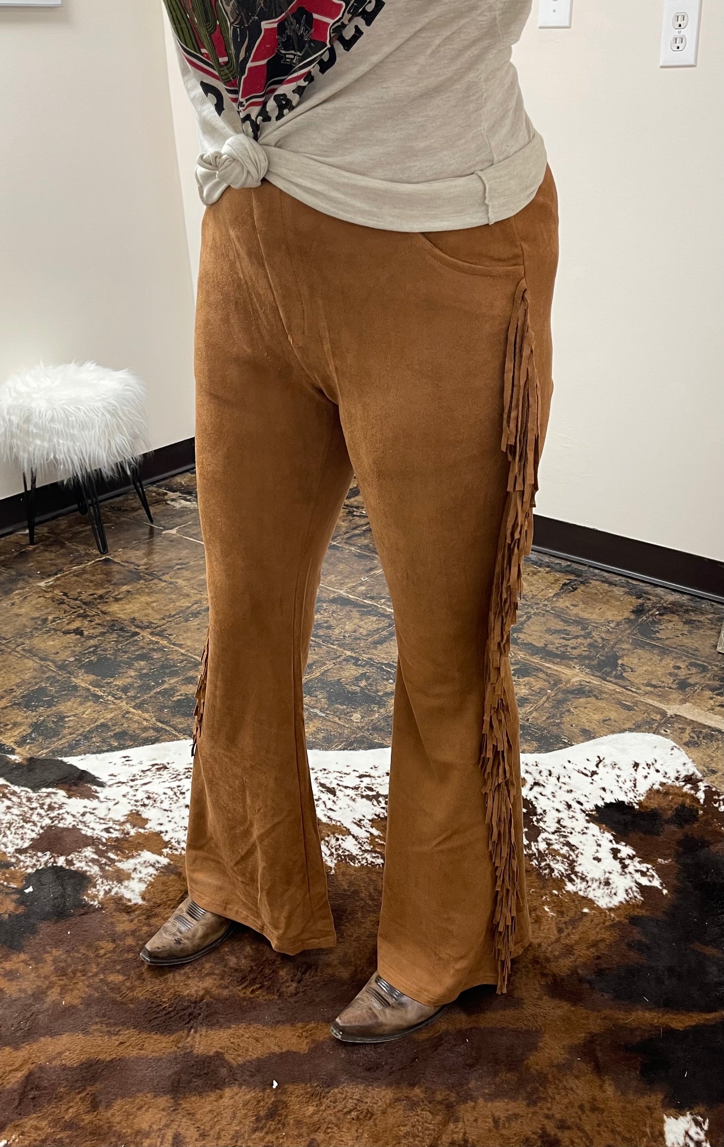 FINAL SALE - The Josie Fringe Bellbottom Suede Pants - Camel