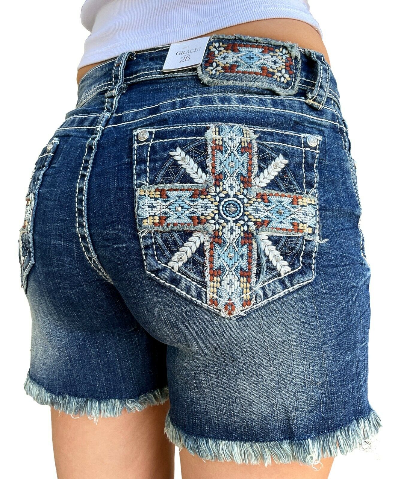 FINAL SALE - Aztec Cross Embellishment Denim Shorts